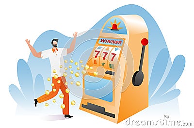 Gambler male character happy victory slot machine, lucky day for winner player cartoon vector illustration, isolated on Cartoon Illustration
