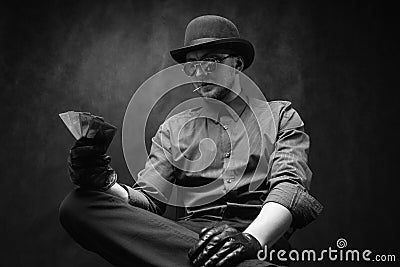 Gamblers poker with cards in hand, black and white frame Stock Photo