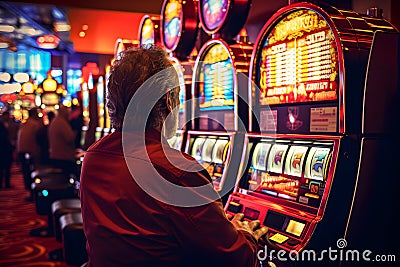 Gambling addicted man playing casino slot machine. Stock Photo
