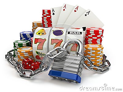 Gambling addiction concept. Slot machine, casino chips and chain Cartoon Illustration