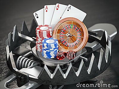 Gambling addiction concept. Trap with casino roulette, chips, dice and playing cards Cartoon Illustration