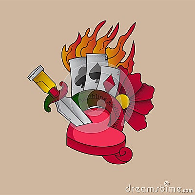 poker vector traditional tattoo of cards burning fire Vector Illustration