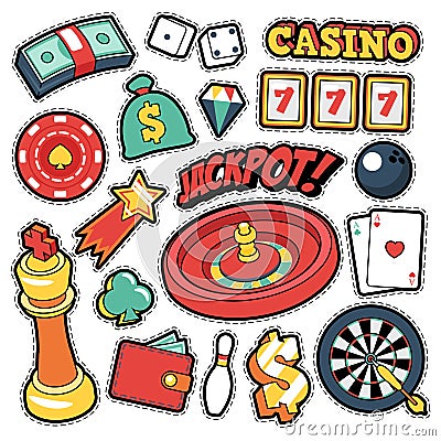 Gambling Casino Badges, Patches, Stickers - Jackpot Roulette Money Cards in Comic Style Vector Illustration