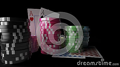 Gambling casino chips with playing cards on the dark background Stock Photo