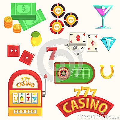 Gambling And Casino Night Club Set Of Symbols, Including Cards, Dices , Roulette Table, Chips And Slot Machine Vector Illustration