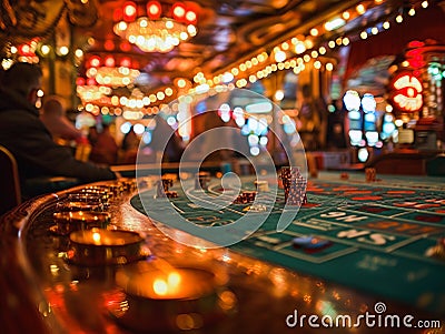 Gambling Edge: Casino Gaming Tables in the Glow of Bright Lights. AI-generated. Stock Photo