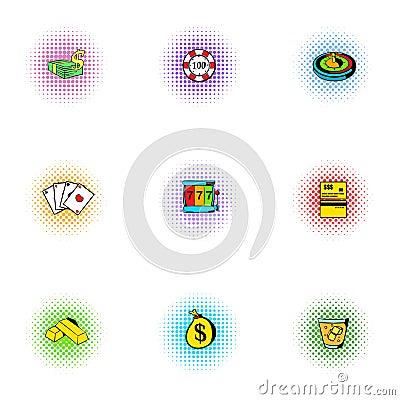 Gambling icons set, pop-art style Vector Illustration