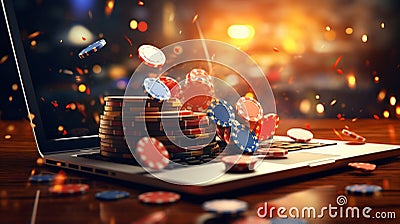 Gambling online casino Internet betting concept. Jackpot, casino chips. computer keyboard, laptop with poker chips, dice Stock Photo