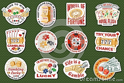 Gambling sticker, logo, badge design with wheel of fortune, two dice and skeleton hand holding dollar silhouette. Vector Stock Photo