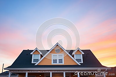 gambrel roof silhouette at sunset with warm sky Stock Photo