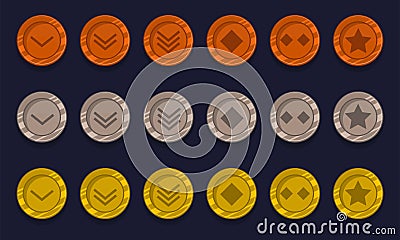 Game achievement badge or rank icon cartoon set. Gold, silver and bronze awards or medal reward. Level up coins with star and Vector Illustration