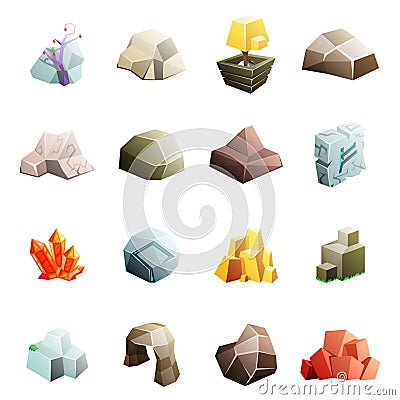 Game art environment low poly rock stone boulder cave cristal rune cartoon isometric 3d flat style icons set vector Vector Illustration