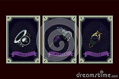 Game asset pack. Fantasy card with magic items. User interface design elements with decorative frame. Cartoon vector Vector Illustration