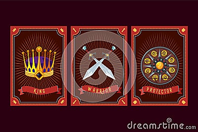 Game asset pack. Fantasy card with magic items. User interface design elements with decorative frame. Cartoon vector Vector Illustration