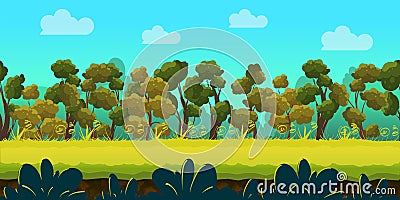 Game background with forest and green foreground, vector. Vector Illustration