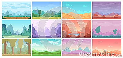 Game backgrounds. Flat colors nature landscapes exact vector illustrations Vector Illustration