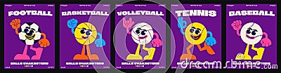 Poster game balls cartoon characters in 90s style. Tennis, basketball, volleyball, footbal,baseball Vector Illustration