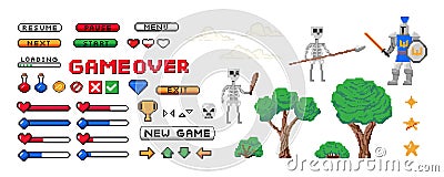 Game 8-bit set. Pixel start screen and interface buttons. Player character enemies life bar and award pixelated icons. Arrows or Vector Illustration