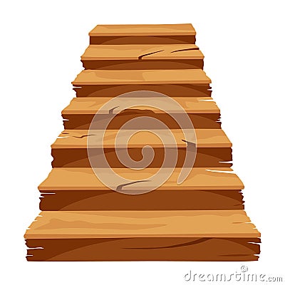 Game castle stairs in cartoon style. Medieval ancient ladder flights without railings, wood step treads and rock risers Vector Illustration