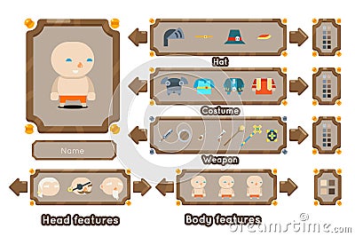 Game character generation interface weapons screen concept fantasy adventurer RPG flat design magic fairy tail template Vector Illustration