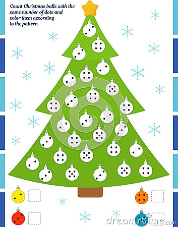 A game for children. Count Christmas balls with the same number of dots and color them according to the pattern Cartoon Illustration