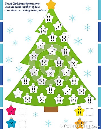 A game for children. Count Christmas balls with the same number of dots and color them according to the pattern Cartoon Illustration