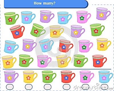 A game for children. Count and write down how many mugs. Development of attention Vector Illustration