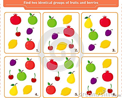 A game for children. Development of attention. Find two identical groups of fruits and berries Vector Illustration