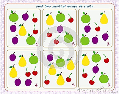 A game for children. Development of attention. Find two identical groups of fruits Cartoon Illustration