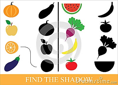 Game for children. Find the shadow of objects of vegetables, berries and fruits. Vector Illustration