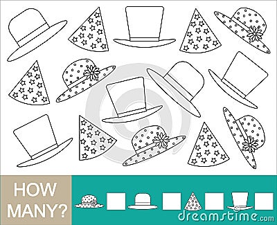 Game for children. How many hat and color them. Learning numbers Vector Illustration