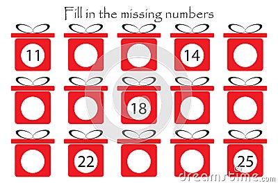 Game with christmas gifts for children, fill in the missing numbers, middle level, education game for kids, school worksheet activ Stock Photo