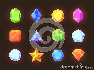 Game color crystals set. Shiny jewelry of various geometric shapes blue diamonds orange sapphires green emeralds graphic Vector Illustration