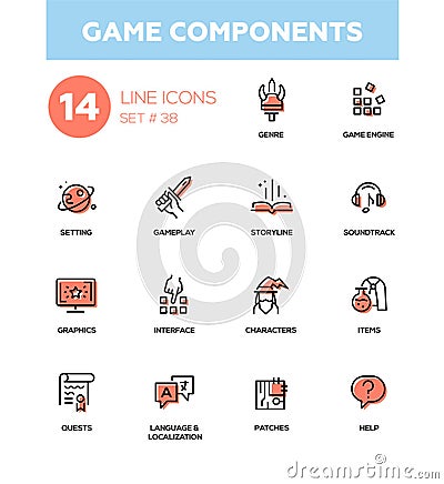 Game Components - modern vector single line icons set Vector Illustration