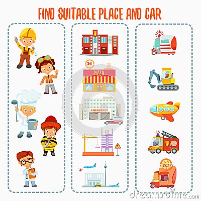 Game concept about finding right workplace and car for various professions Vector Illustration