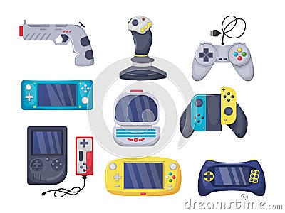 Game console objects set. Gamepad, playing joystick, video console, joy video games gadgets Vector Illustration