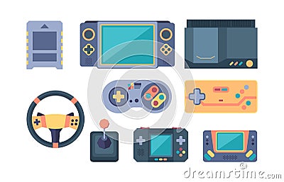 Game console. video gaming devices 80s retro for video players geek gamepads controllers fun. vector computer items Vector Illustration