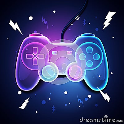 Vector Illustration Retro Neon Color Game Controller. Futuristic Joystick Gamer Design Vector Illustration