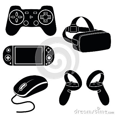 game controller joystick, virtual reality glasses and computer mouse, isolated vector illustration icon stencil Vector Illustration