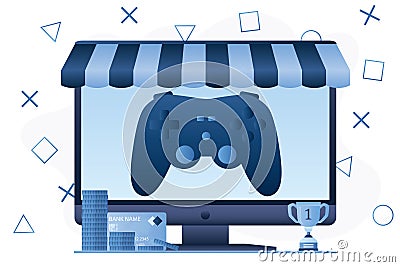 Game controller on monitor screen, online store of games and accessories. Online safe payment. Virual competition, video game Vector Illustration