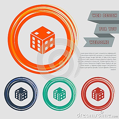 Game cube icon on the red, blue, green, orange buttons for your website and design with space text. Cartoon Illustration