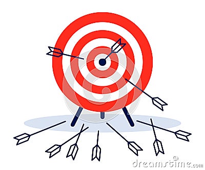 Game dart. Arrows missed hitting target mark and accurate. Multiple failed inaccurate attempts to hit archery target, shot miss. Vector Illustration