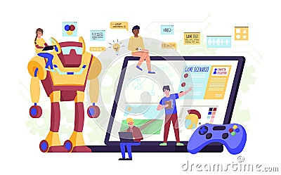 Game developers team. People group work, digital entertainment production process, gaming industry employee, geek Vector Illustration