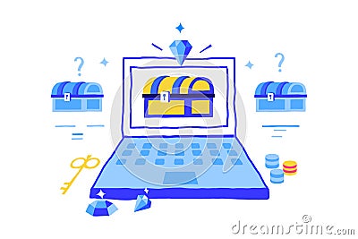 Game development concept. Doodle VR technology and gaming mechanics trendy objects. Laptop screen. Loot chest. Treasure Vector Illustration