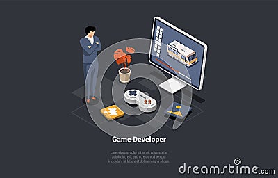 Game Development Concept. GameDev In Process Of Create And Develop New Computer Video Game Design. Digital Technology Vector Illustration