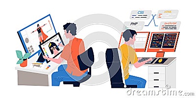 Game development. People programming or coding video gaming script. Freelance occupation. Men working with computer Vector Illustration