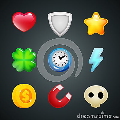 Game elements icons heart, shield, star, clover, clock, lightning, coin, magnet, skull Vector Illustration