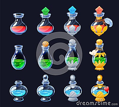 Game elixir. Cartoon GUI potion sprite asset of flasks and phials for life mana and strength for 2D game. Vector Vector Illustration