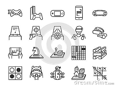 Game and entertainment line icon set. Included the icons as board game, arcade game, console, shooting, puzzle, handheld, mobile a Vector Illustration