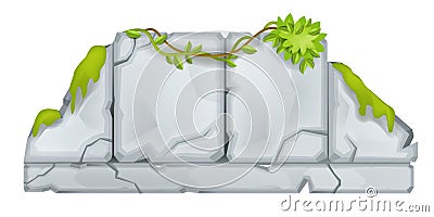 Stone vector sign board, vector cartoon cracked rock panel, moss, vine, green leaf isolated on white. Vector Illustration